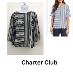 Charter Club Linen 3/4 Sleeves Navy Blue White Striped Tunic Top  Size M